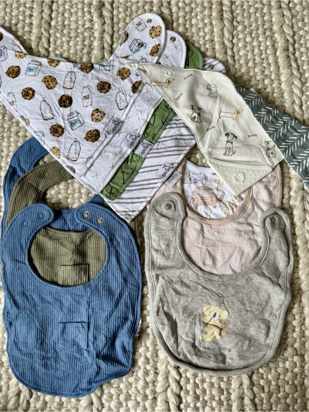 Mixed Color Baby Bib Set — Blue, Green, Gray, Cream - NEW